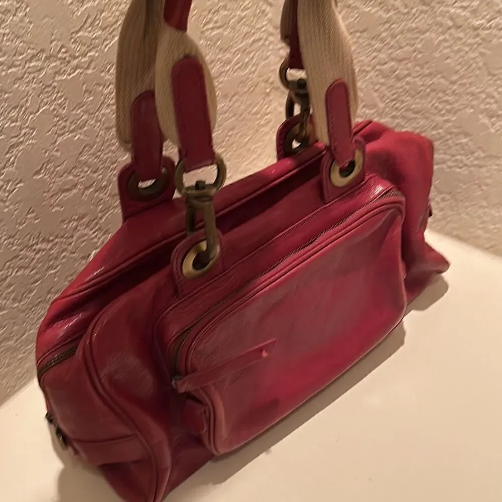 Moschino Top Handle Travel Tote Bag Deep Pinkish Red Leather Gold Hardware